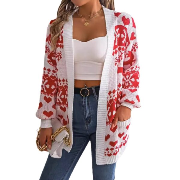 2024 Christmas Clothes Women's Open Front Cardigan Knitwear Lantern Sleeve Xmas Printed Oversized Deer Sweater Pockets Knitted - Image 5