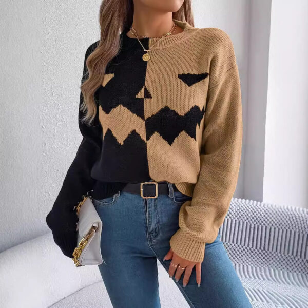 Halloween Contrast-color Pullover Sweater Fashion Long Sleeve Knitted Tops For Womens Clothing - Image 3