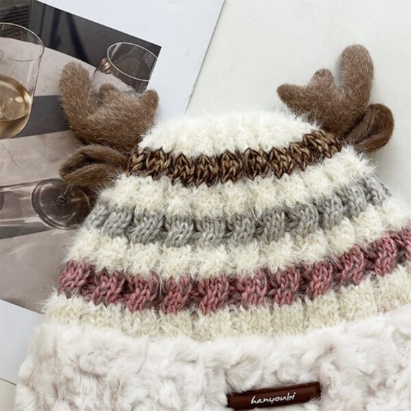 Christmas Knitted Hat With Cute Deer Antler Winter Warm Thick Hat For Girls Women - Image 8