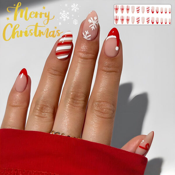 24pcs Christmas False Nails Hat Striped Snowflake Nail Art Stickers For Parties Dances Or Holiday Wear