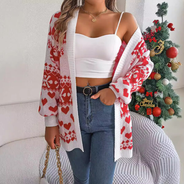 2024 Christmas Clothes Women's Open Front Cardigan Knitwear Lantern Sleeve Xmas Printed Oversized Deer Sweater Pockets Knitted - Image 4