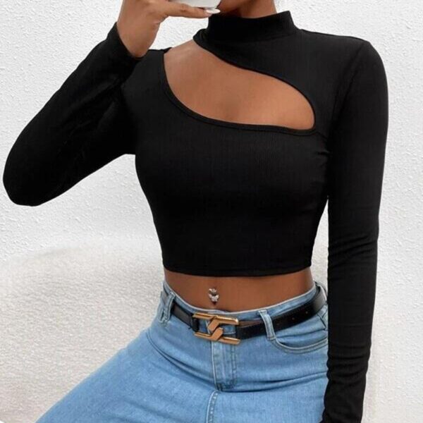 Trendy Unique Hollow Small Turtleneck Long Sleeve T-shirt - Image 3