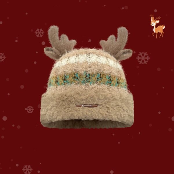 Christmas Knitted Hat With Cute Deer Antler Winter Warm Thick Hat For Girls Women - Image 4