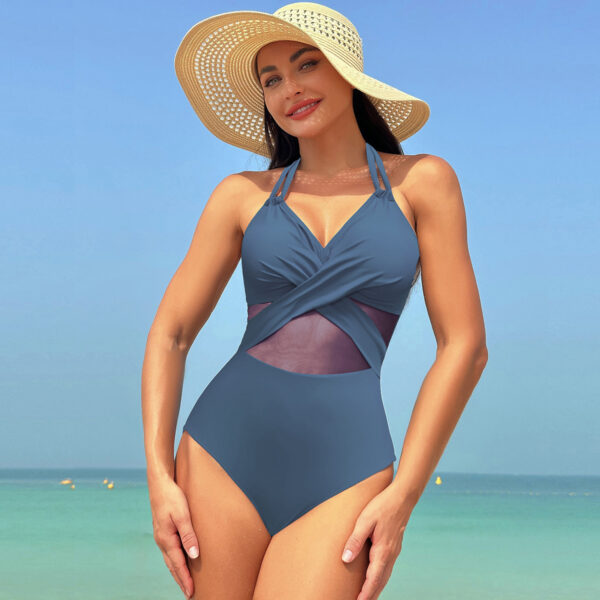 Halter-neck One-piece Swimsuit Summer Solid Color Cross-strap Design Mesh Bikini Beach Vacation Womens Clothing - Image 7