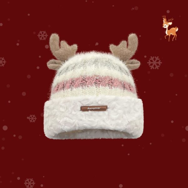 Christmas Knitted Hat With Cute Deer Antler Winter Warm Thick Hat For Girls Women - Image 2