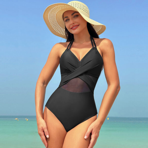 Halter-neck One-piece Swimsuit Summer Solid Color Cross-strap Design Mesh Bikini Beach Vacation Womens Clothing - Image 5