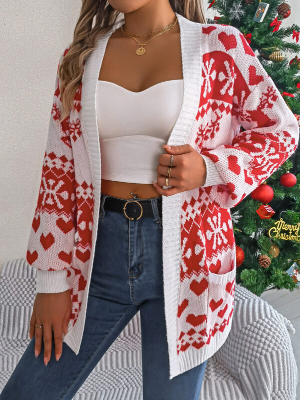 2024 Christmas Clothes Women's Open Front Cardigan Knitwear Lantern Sleeve Xmas Printed Oversized Deer Sweater Pockets Knitted - Image 8