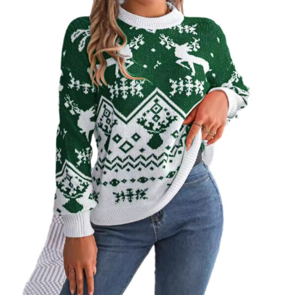 2025 New Year Autumn Winter Casual Deer Pattern Long Sleeve Hoodie Sweater Christmas For Women Red Green Knitted Pullover Jumper - Image 4