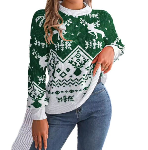 2025 New Year Autumn Winter Casual Deer Pattern Long Sleeve Hoodie Sweater Christmas For Women Red Green Knitted Pullover Jumper - Image 5