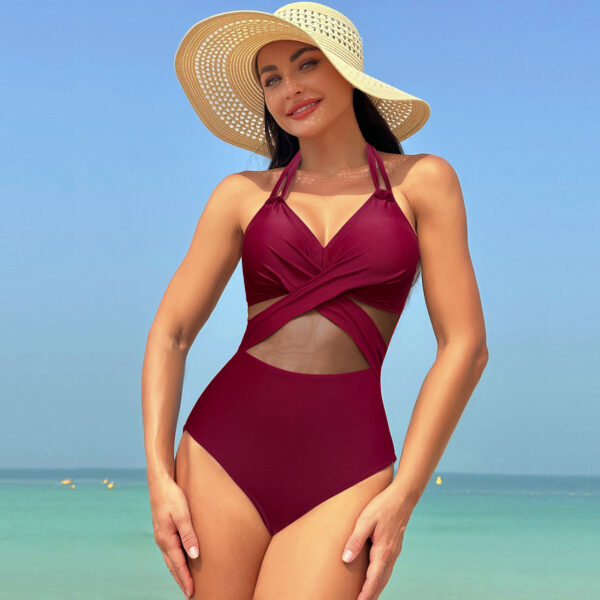 Halter-neck One-piece Swimsuit Summer Solid Color Cross-strap Design Mesh Bikini Beach Vacation Womens Clothing - Image 2