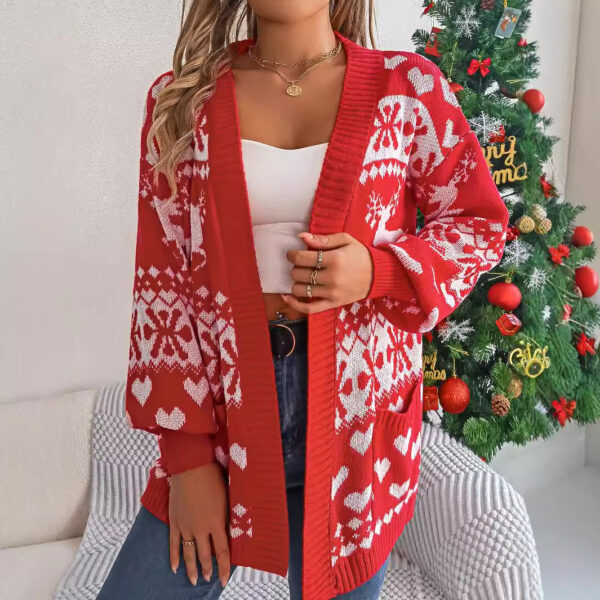 2024 Christmas Clothes Women's Open Front Cardigan Knitwear Lantern Sleeve Xmas Printed Oversized Deer Sweater Pockets Knitted - Image 3