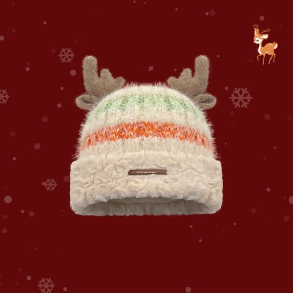 Christmas Knitted Hat With Cute Deer Antler Winter Warm Thick Hat For Girls Women - Image 5