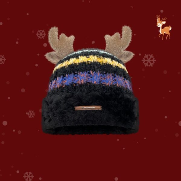 Christmas Knitted Hat With Cute Deer Antler Winter Warm Thick Hat For Girls Women - Image 3