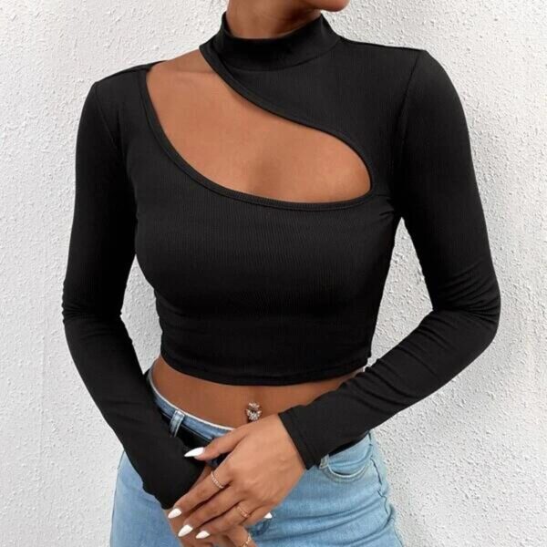 Trendy Unique Hollow Small Turtleneck Long Sleeve T-shirt - Image 7