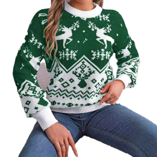 2025 New Year Autumn Winter Casual Deer Pattern Long Sleeve Hoodie Sweater Christmas For Women Red Green Knitted Pullover Jumper - Image 2