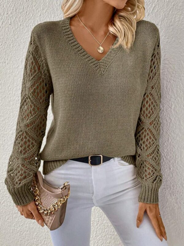 Solid V-neck Pullover Sweater With Hollow Long Sleeve Fashion Tops For Women Clothing - Image 9