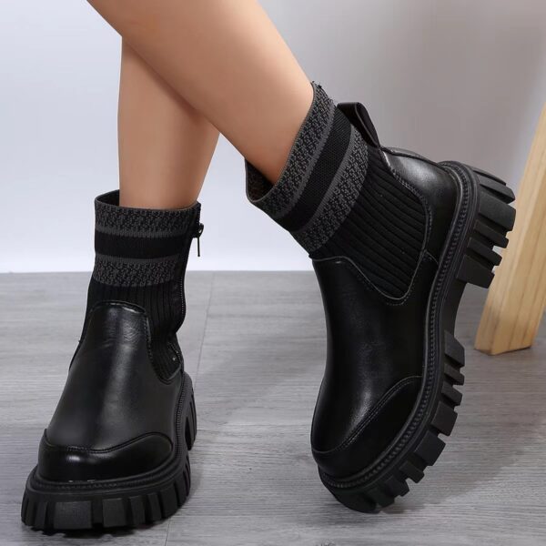 Fashion Mid-tube Boots With Zipper Design Non-slip Thick Sole Elastic Knitted Patchwork Boots For Women Round Toe Shoes Winter - Image 3