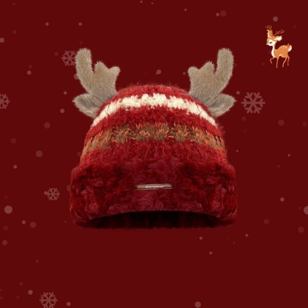 Christmas Knitted Hat With Cute Deer Antler Winter Warm Thick Hat For Girls Women - Image 6