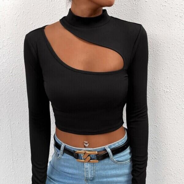 Trendy Unique Hollow Small Turtleneck Long Sleeve T-shirt - Image 2