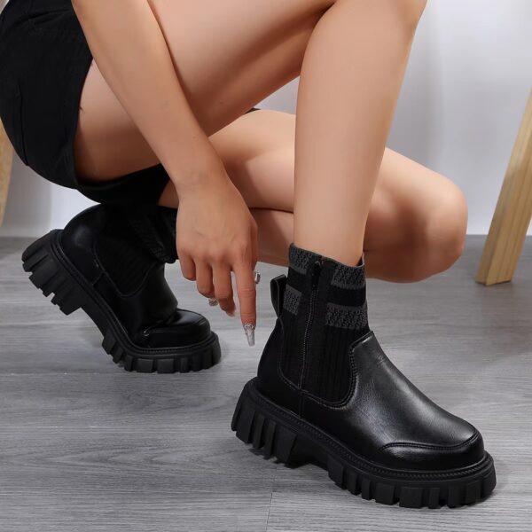 Fashion Mid-tube Boots With Zipper Design Non-slip Thick Sole Elastic Knitted Patchwork Boots For Women Round Toe Shoes Winter - Image 5