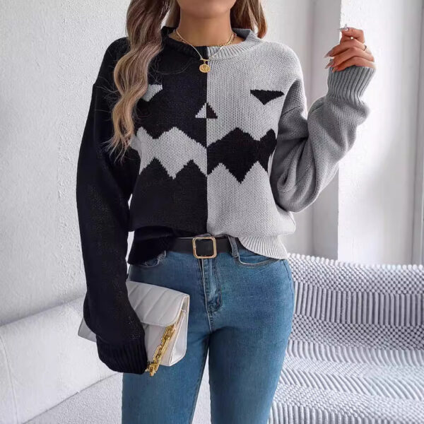 Halloween Contrast-color Pullover Sweater Fashion Long Sleeve Knitted Tops For Womens Clothing - Image 2