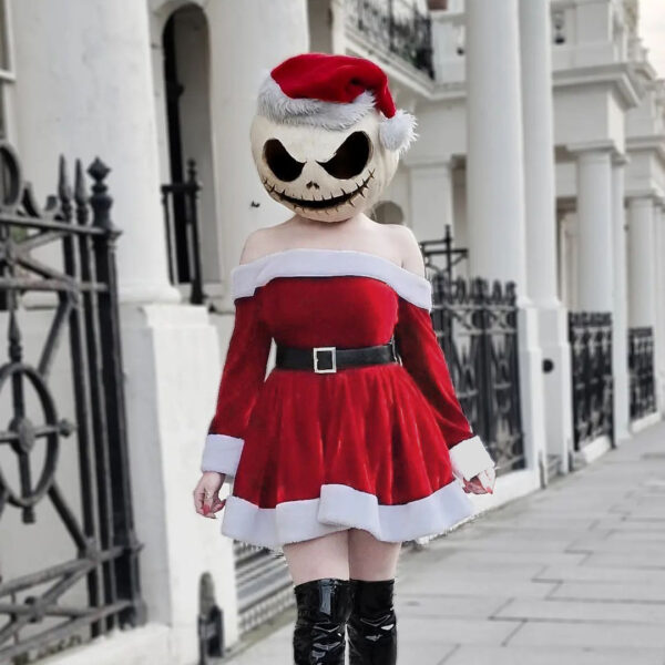 Women's Christmas Costume Santa Dress Plush Trim Boat-Neck Off-Shoulder Sleeve Dress New Year Party Cosplay Costume - Image 4