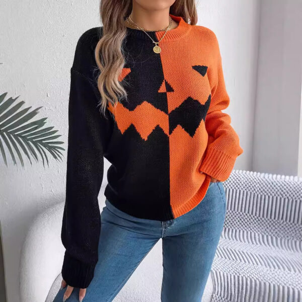 Halloween Contrast-color Pullover Sweater Fashion Long Sleeve Knitted Tops For Womens Clothing - Image 4