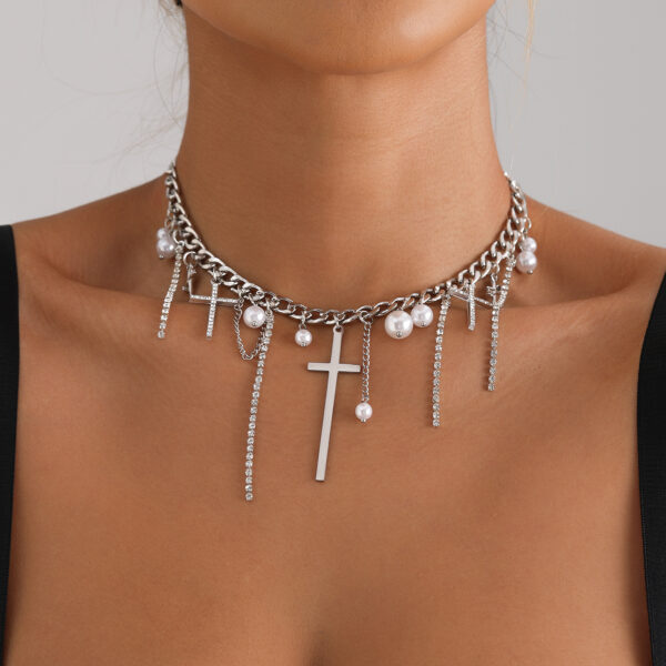 Cross Tassel Pearl Collarbone Chain Jewelry Cool Spicy Girl Necklace Fashion Jewelry - Image 2